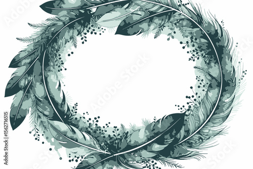 Elegant Watercolor Feather Wreath - Artistic Bohemian Design - Perfect for Invitations and Cards - Teal and Green Feather Illustration- Nature Inspired Art