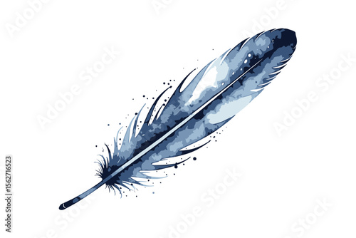Elegant Watercolor Feather Art - Blue Quill Pen Illustration on White Background - Artistic Feather Design for Crafts and Decor