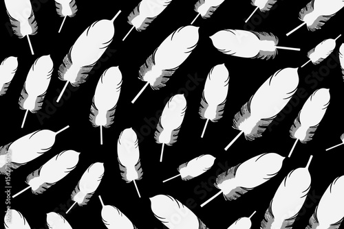 Elegant White Feathers Pattern on Black Background-Seamless Feather Illustration for Textile Design-Abstract Plume Art for Creative Projects-Unique Bird Feather Texture
