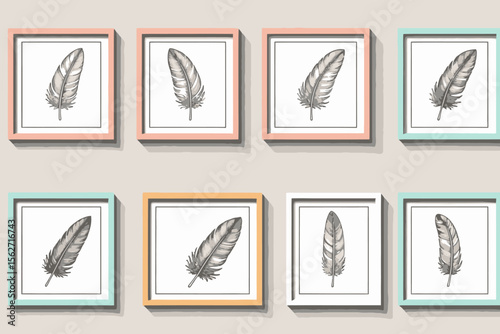 Feather Art Prints in Colorful Frames - Modern Wall Decor - Set of 8 Square Feather Illustrations - Minimalist Home Decoration Ideas - Stylish and Trendy Art Pieces