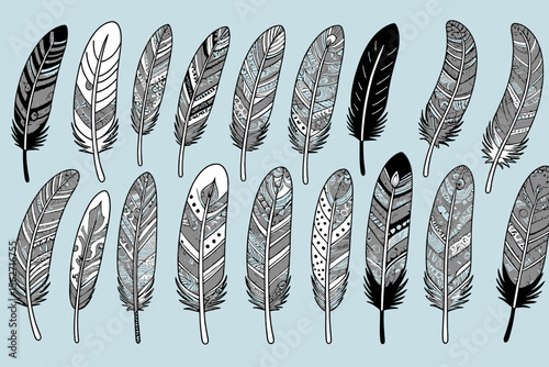 Feather Art Illustration-Hand Drawn Feather Collection-Bohemian Style Feather Design-Tribal Feather Graphic-Detailed Feather Pattern-Black and White Feather Set