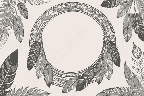 Feather Circle Frame Design-Boho Chic Invitation-Elegant Graphic with Intricate Feather Details-Artistic Template for Wedding-Craft & Creative Projects-Download Now