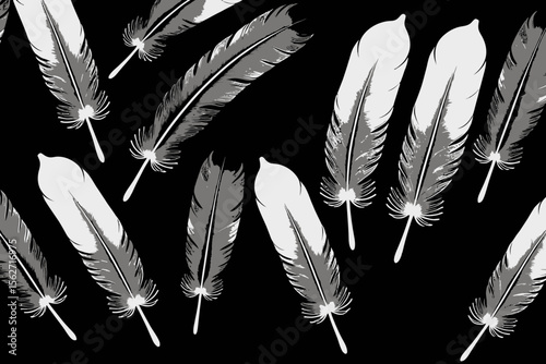 Feather Pattern Illustration-Elegant White and Gray Plumes on Black Background-Abstract Feather Design for Arts and Crafts-Decorative Feather Graphic-Sophisticated Design Elements