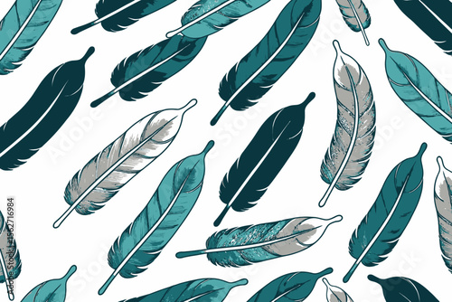 Feather Pattern Design- Teal and Gray Plumes on White- Detailed Feather Illustration- Modern Feather Art- Elegant Feather Background- Abstract Feather Texture- Unique Feather Decor