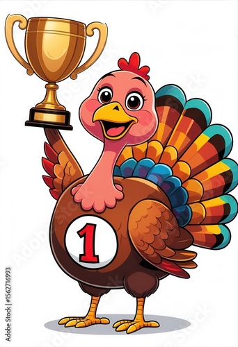 Cheerful Cartoon Turkey Holding Mini Trophy in an Exciting Racing Theme