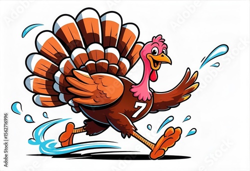 Cartoon Turkey in Motion with Sweat Drops and Number Seven on Its Chest