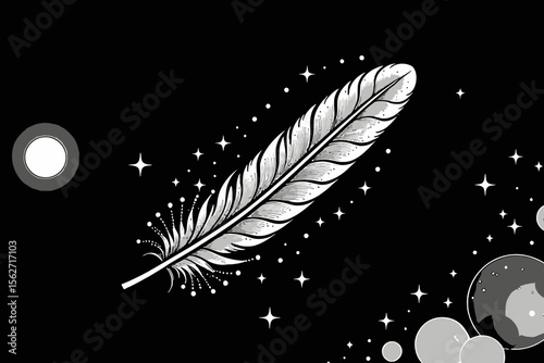 Feathered dreams under a starlit sky - Mystical feather art with celestial moon phases - Black and white illustration evokes night time wonder and cosmic peace