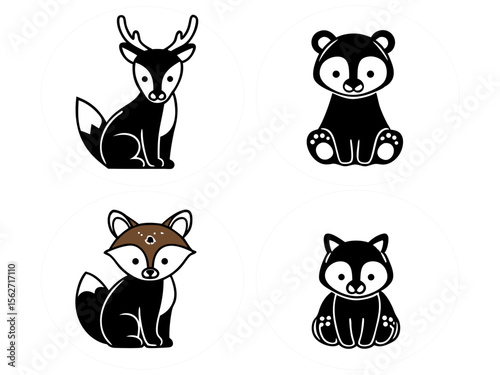 Cute cartoon forest animals deer bear fox raccoon in white circles on black background