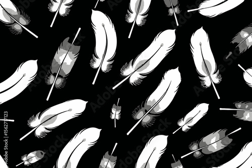 Feathered Elegance-A Seamless Pattern of Floating White Feathers on Black Background-Ideal for Design and Artistic Projects-Download Feather Graphic Now