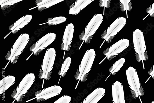 Floating White Feathers on Black Background-Dreamy Feather Pattern for Graphic Design-Abstract Illustration of Light Fluffy Plumes-Soothing and Elegant Feather Art