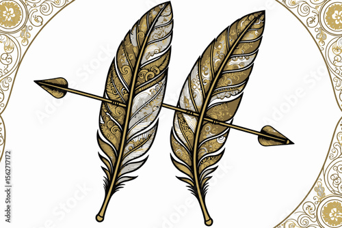 Golden Feather Arrow Artwork - Intricate Native American Design - Symbol of Strength and Protection - Detailed Gold and Silver Illustration