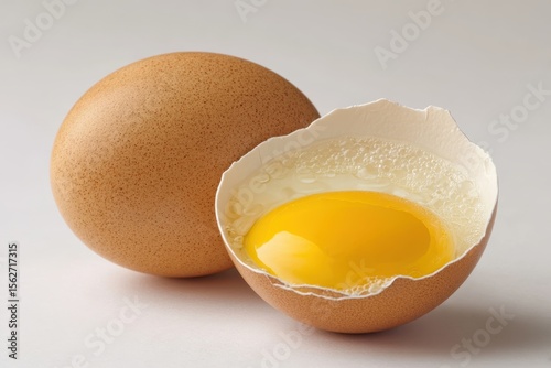 Two brown eggs, one whole, one cracked open, showcasing a vibrant yolk