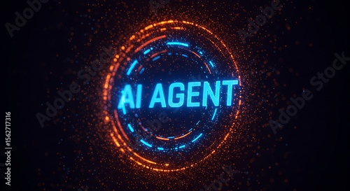 Glowing neon blue ai agent text inside a swirling digital portal with orange and blue particles isolated on white background