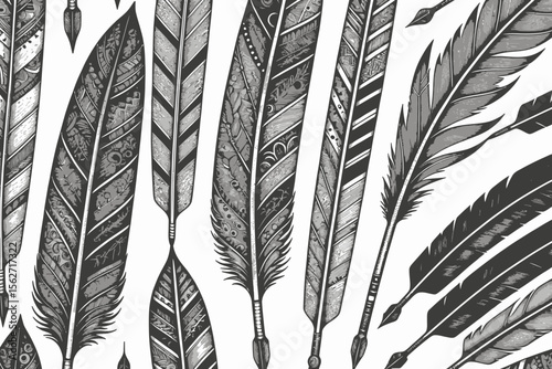 Intricate Feather Designs - Black and White Artistic Feathers - Detailed Quill Illustrations - Bohemian Style Art - Feather and Arrow Graphics - Elegant Feather Drawing