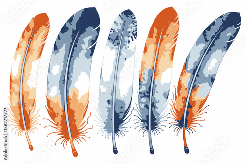 Watercolor Feather Collection-Bohemian Style Feathers in Orange-Blue & Brown-Delicate Feather Illustration-Perfect for Boho Decor-Art Prints-DIY Projects