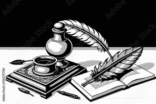 Vintage Writing Desk Still Life with Quill Pen and Inkwell - Monochrome Illustration for Writers - Antique Stationery and Book Image