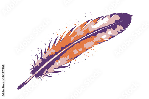 Watercolor Feather Illustration - Artistic Feather Design - Orange and Purple Feather Art - Feather with Splatter Effect - Elegant Feather Image