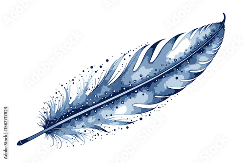 Watercolor Feather Illustration-Blue Bird Feather Painting-Artistic Feather Design with Delicate Details-Isolated Feather on White Background