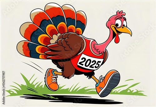 Turkey Wearing Racing Bib with Number 2025 Running with Determined Face in Sneakers