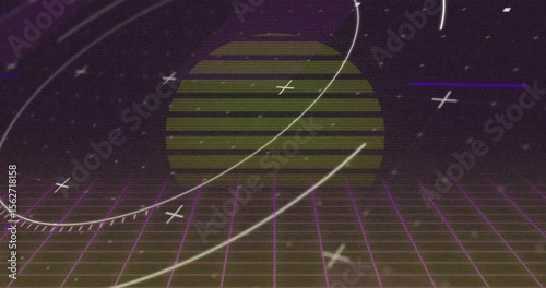 On start white light trails sweeping sphere over magenta grid, creating retro looping animation