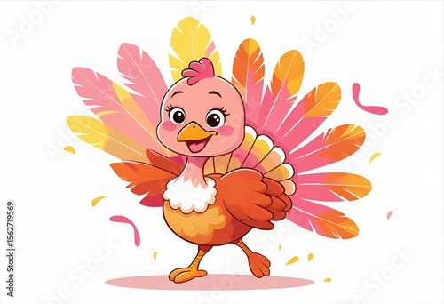 Cartoon Turkey Ballerina with Feathers Twirling Joyfully on a White Background