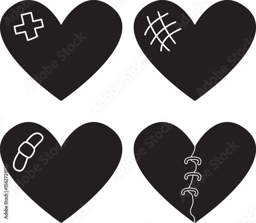 Broken heart svg doodle bandaid, bruised, stitches