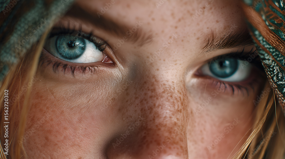 Fototapeta premium Close-up shot of captivating blue eyes framed by a patterned head covering. The focus is on the eyes' details