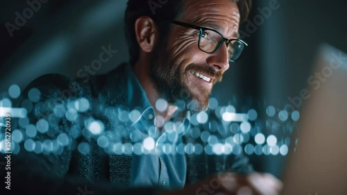 Happy Man Working on Laptop with Digital Data Overlay in Office with ai generated