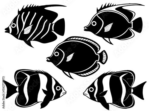 Five black silhouette tropical reef fish swimming together on white background