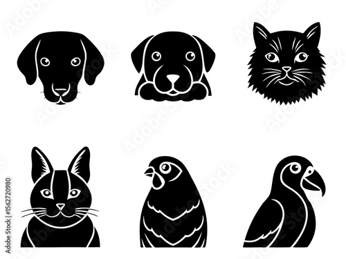 Collection of black silhouette icons featuring dog cat rabbit and bird faces