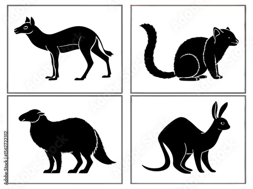 Collection of four black silhouette animal illustrations on white background