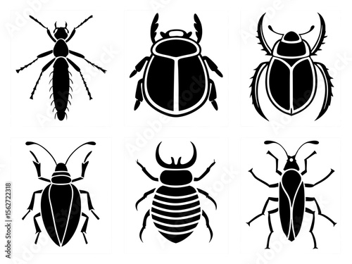 Collection of six stylized black and white insect silhouettes on white backgrounds