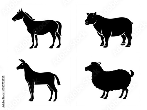 Four silhouettes of farm animals including a horse donkey and sheep