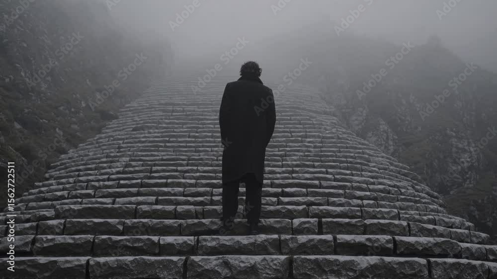 Homme montant un escalier de pierre dans le brouillard
