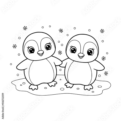 Two cute penguins stand together amidst snowfall, a charming design ideal for winter-themed crafts and seasonal children's art projects.