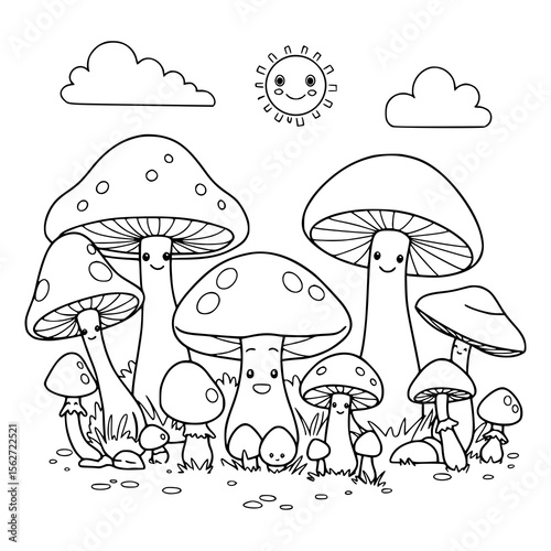 Charming cartoon mushrooms gather under a smiling sun and fluffy clouds in a whimsical, nature-inspired black and white line drawing.