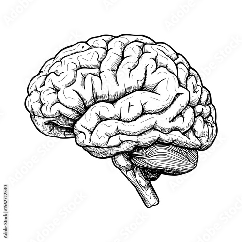 A detailed anatomical brain drawing showcases neuroscience, perfect for medical designs and educational applications with artistic flair.