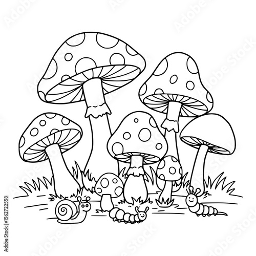 Charming woodland scene with whimsical mushrooms and adorable insects suitable for children's designs or coloring pages.
