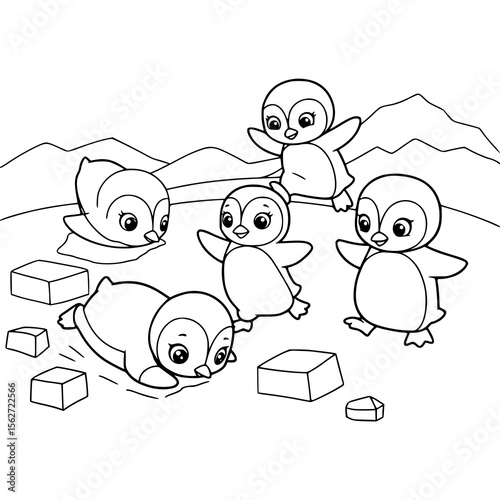 Adorable cartoon penguins joyfully playing in a snowy arctic landscape, perfect for children's books and educational resources.