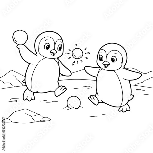 Delightful playful penguins having a snowball fight in winter, a crisp line art graphic great for children's books or seasonal designs.