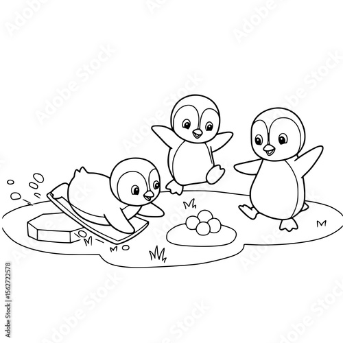 Cheerful penguins playing on a whimsical iceberg, perfect for designs with a playful and winter-themed children's graphic element.