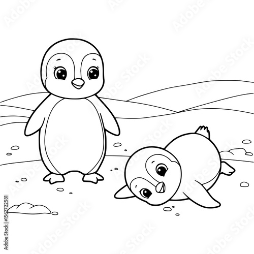 Cute penguins frolic in a playful scene, an adorable line art graphic perfect for children's designs or creative coloring pages.