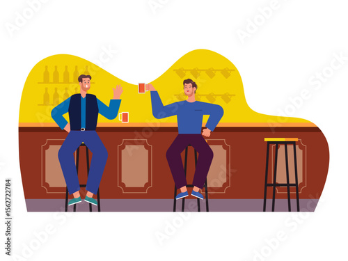 Two men are talking at the bar, drinking beer with friends. Las Vegas illustration. Vector flat illustration.