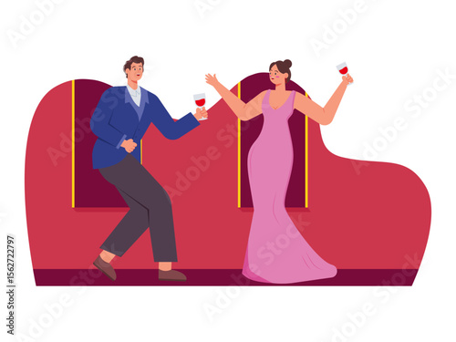 Male and female couple dancing with wine glasses. Las Vegas illustration. Vector flat illustration.