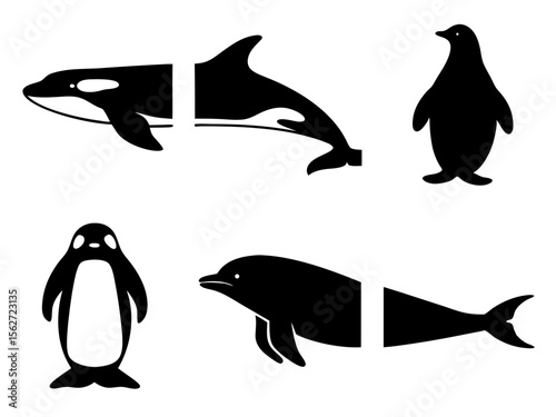 Set of black silhouette marine animals including killer whale dolphin and penguins