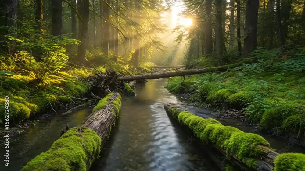 Sunlight streams through a mossy forest creek.