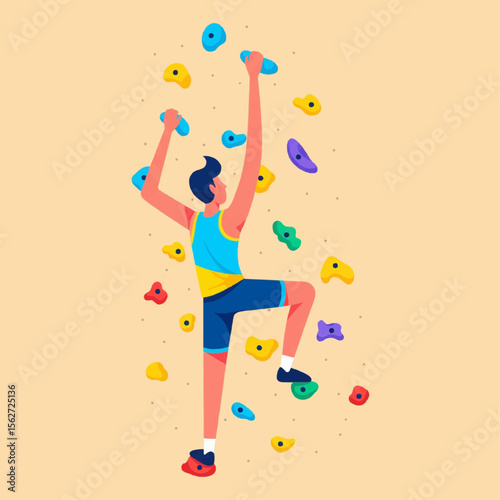 character of a young adult climbing indoor rock wall
