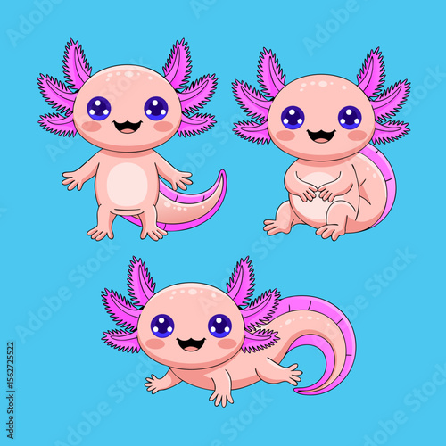 Axolotl vector with three cute cartoon axolotls playing, perfect for childrens books, educational materials, or wildlifethemed designs.