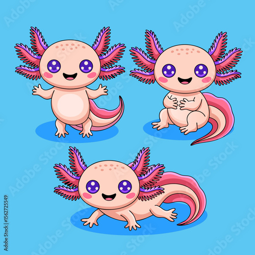 Axolotl vector with three cute cartoon axolotls playing, perfect for childrens books, educational materials, or wildlifethemed designs.