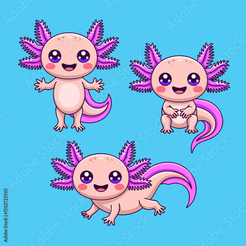 Axolotl vector with three cute cartoon axolotls playing, perfect for childrens books, educational materials, or wildlifethemed designs.